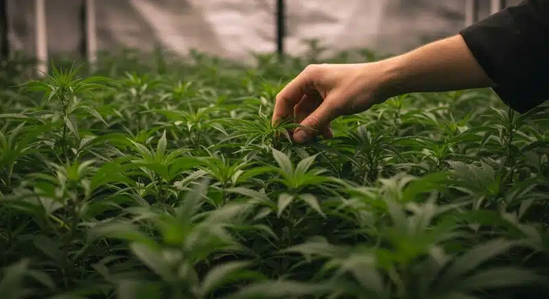 Plantas de CBD Tutti Frutti (1:15) en cultivo interior durante fase vegetativa, donde un cultivador inspecciona el crecimiento, asegurando un desarrollo saludable en variedades con alto contenido en CBD.