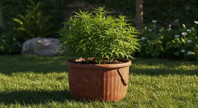 Planta de cannabis California Hash Plant cultivada en maceta en exterior, crecimiento compacto y en fase vegetativa, ideal para cultivos controlados al aire libre.