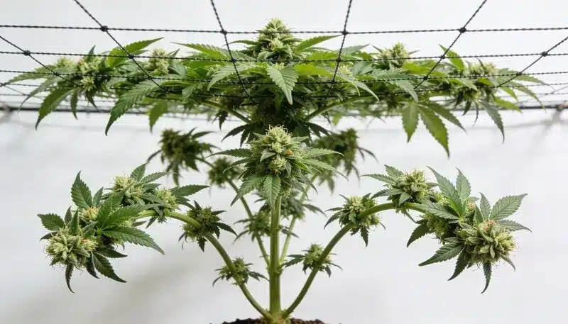 Planta de California Haze entrenada con malla SCROG para maximizar la producción de cogollos. Estructura sativa ramificada, floración uniforme y alto rendimiento en interior.