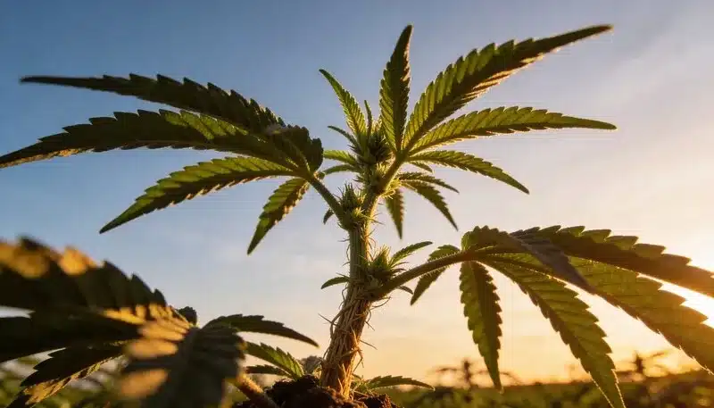 lanta de cannabis en exterior al atardecer, aclarar la clorosis foliar en el cannabis por estrés ambiental, carencias nutricionales o desequilibrios en el sustrato.
