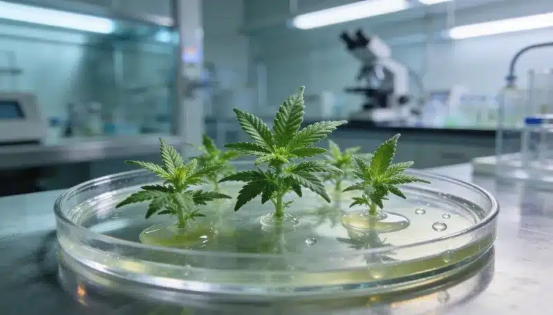 Plántulas de cannabis creciendo en medio nutritivo dentro de placa de Petri, ejemplo de las mejores variedades de cannabis para clonaje por cultivo in vitro por su estabilidad y vigor genético.