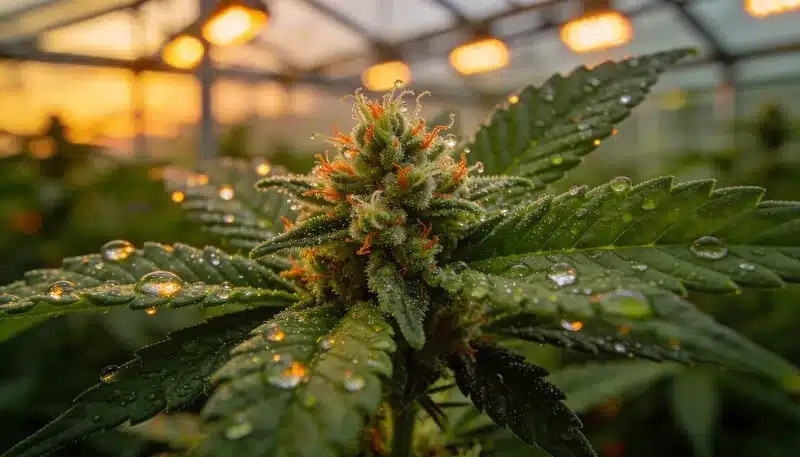 Flor de Amnesia CBD (1:1) cultivada en invernadero, con abundantes tricomas y pistilos anaranjados. Variedad equilibrada THC:CBD 1:1, perfil cítrico e incienso típico Amnesia.