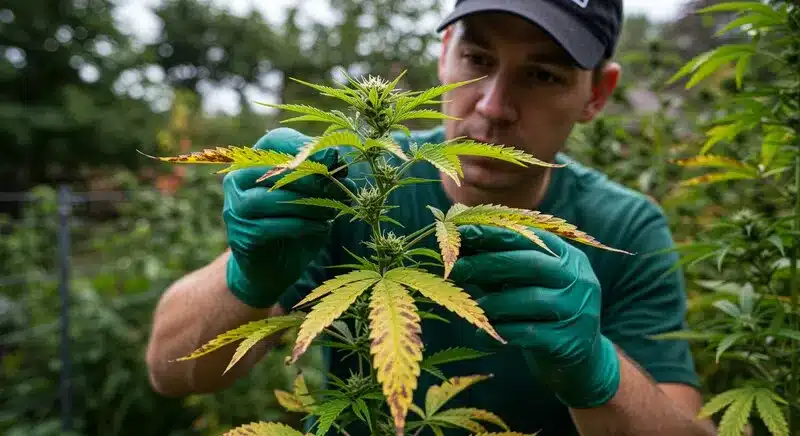 Guía para principiantes sobre decoloración de hojas de cannabis en exterior.