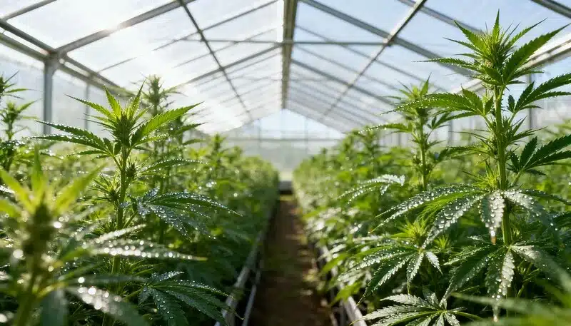 Cultivo de CBD Sour Lemon (1:1) en invernadero con plantas bajo luz natural.