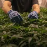 Cultivo de Cherry Ak Auto con técnico usando guantes revisando plantas jóvenes en interior.