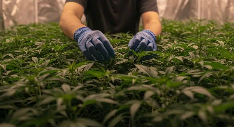 Cultivo de Cherry Ak Auto con técnico usando guantes revisando plantas jóvenes en interior.