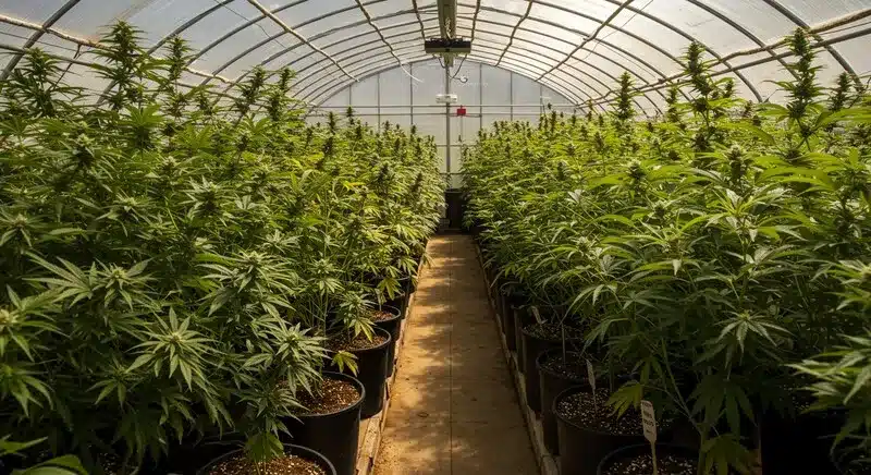 Cultivo de cannabis en invernadero con plantas uniformes, la formación de callo y regeneración en cannabis permite multiplicar genéticas de forma estable y libre de patógenos.