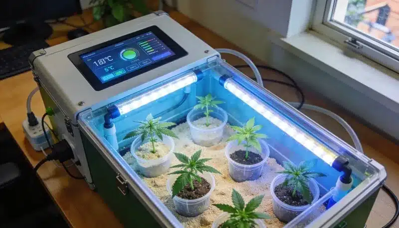 Sistema compacto con iluminación LED y control de temperatura, ejemplo de los mejores kits de cultivo in vitro de cannabis para cultivadores domésticos que buscan propagación estable y libre de contaminantes.