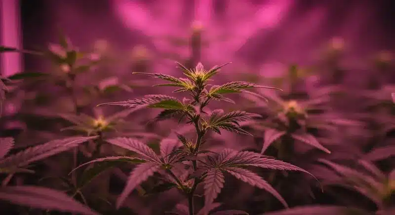 Plantas de cannabis creciendo bajo iluminación artificial controlada, condiciones de luz para el cultivo in vitro del cannabis, donde la intensidad y el fotoperiodo influyen directamente en el desarrollo y la estabilidad del tejido vegetal.