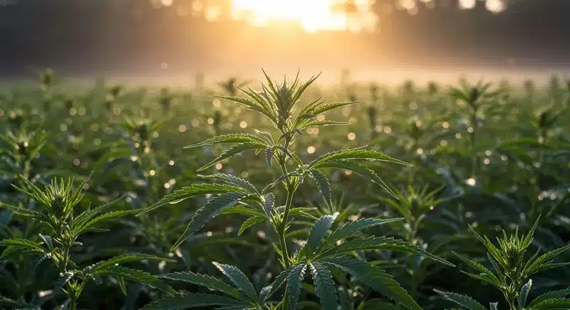 Planta de CBD Black Diesel (1:1) en cultivo exterior al amanecer, gran estructura y hojas alargadas. Genética equilibrada THC:CBD con perfil diésel y notas cítricas.