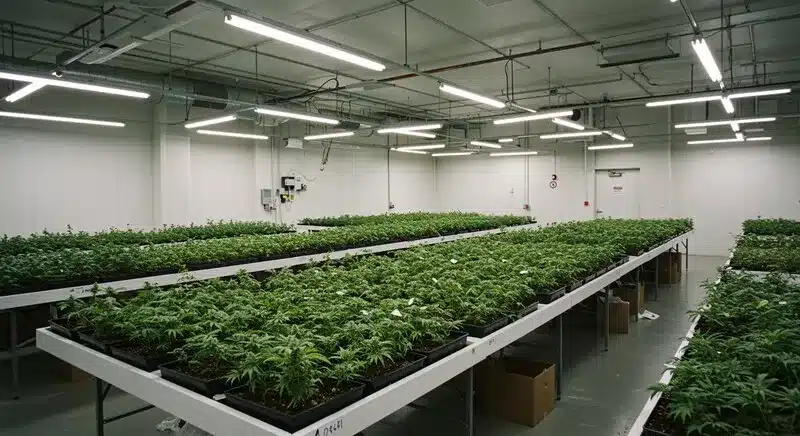 Instalación profesional con plantas de cannabis en propagación controlada, mejores medios de cultivo para la micropropagación del cannabis orientados a uniformidad, sanidad vegetal y producción eficiente.