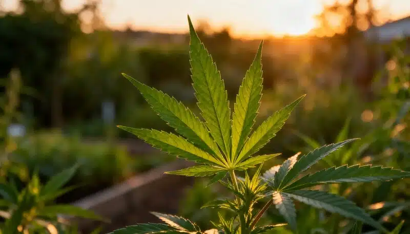 Deficiencia de zinc vs clorosis en cannabis: hojas sanas.
