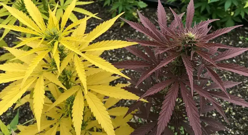 Comparativa de hojas de cannabis amarillas frente a tonos marrones o púrpura, diferencias asociadas a deficiencias nutricionales, estrés ambiental o genética.