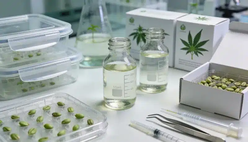 Semillas, medios nutritivos y herramientas estériles utilizados en técnicas de cultivo in vitro y breeding para preservar genéticas de cannabis y mantener líneas puras y libres de patógenos.