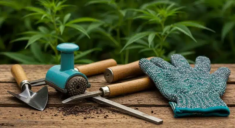 Kit de cuidado para hojas amarillas de cannabis con herramientas de jardinería, guantes protectores y utensilios para mejorar el sustrato, favorecer la absorción de nutrientes y prevenir deficiencias en el cultivo.