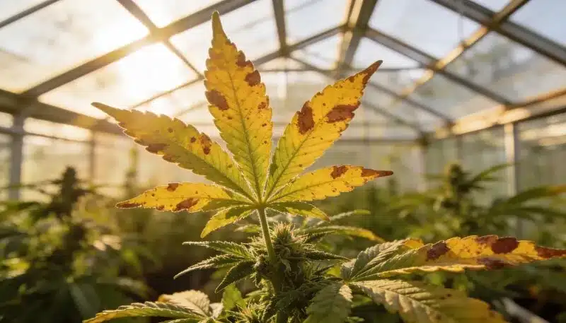 Hoja de cannabis amarillenta con manchas y necrosis en invernadero, claros síntomas de clorosis en plantas de marihuana provocados por deficiencias nutricionales o desequilibrios de pH.