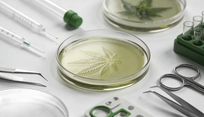 Placa de Petri con explante de cannabis y herramientas estériles, ejemplo de kits de inicio para cultivo in vitro de marihuana que incluyen medios nutritivos y material de micropropagación.