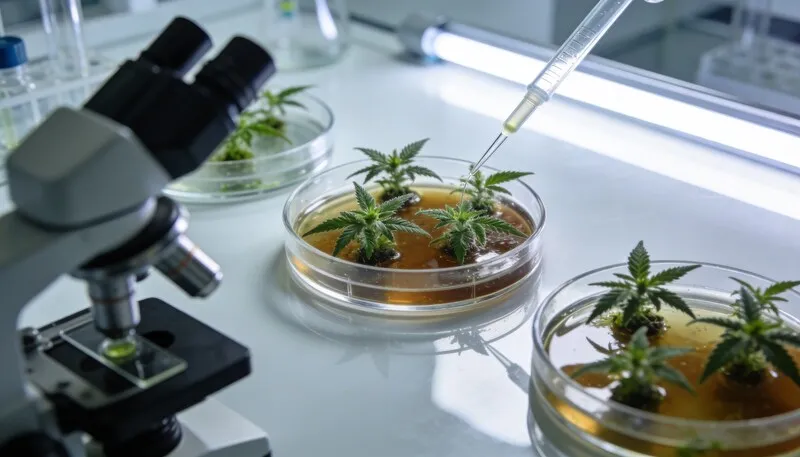 Plántulas de cannabis en placas de cultivo con medio nutritivo, pipeta y microscopio, ejemplo de equipos para cultivo in vitro de cannabis utilizados en micropropagación y saneamiento vegetal.