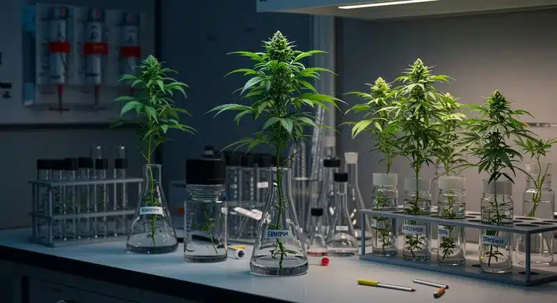 Instalación de laboratorio con plantas micropropagadas en recipientes estériles, saber si es seguro el cultivo in vitro para el cultivo orgánico de cannabis al preservar genética y pureza vegetal.