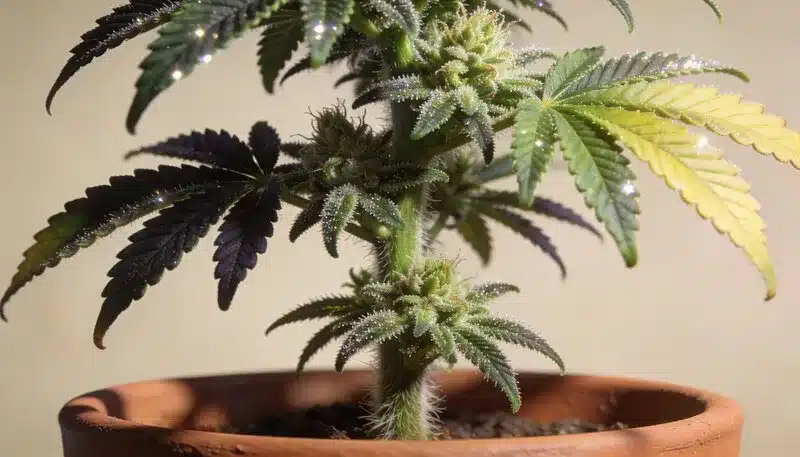 Planta Cake Bomb Regular cultivada en maceta, con cogollos compactos y hojas cubiertas de resina. Genética estable, ideal para selección de parentales y cultivo interior.