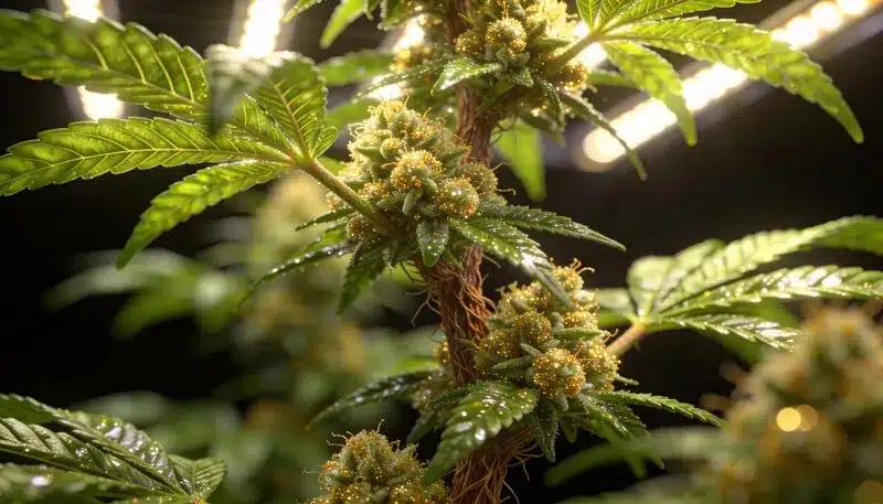 Cannatonic en interior bajo iluminación LED, mostrando cogollos compactos y resinosos. Variedad rica en CBD con perfil cítrico y herbal, ideal para cultivos controlados.