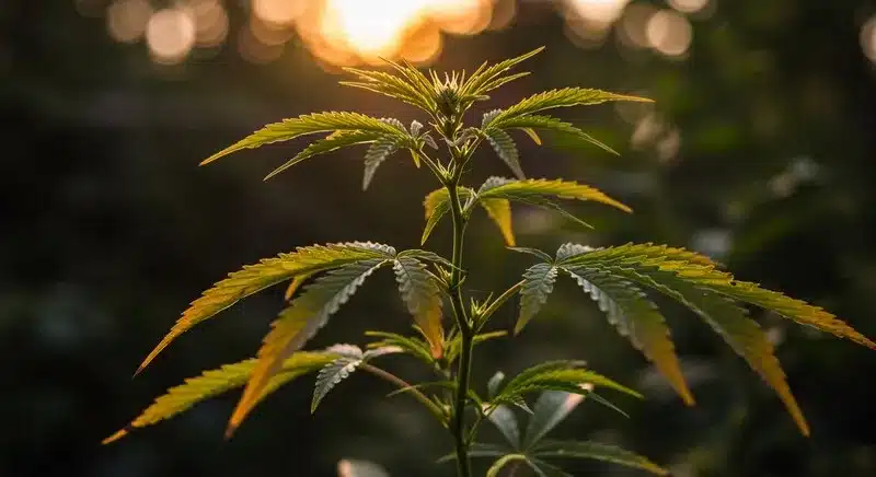 Planta con hojas inferiores amarillentas durante floración, caso típico en esta guía para principiantes sobre decoloración de hojas de cannabis por carencias móviles o desequilibrio de pH.