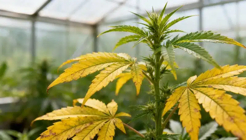 Planta de cannabis en invernadero con hojas amarillas afectadas por clorosis, un problema común por deficiencias nutricionales que puede corregirse con un manejo adecuado del cultivo.