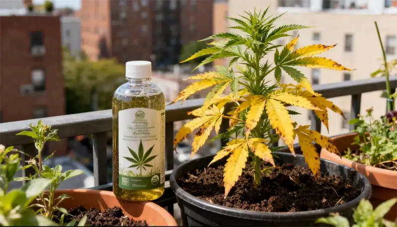 Planta de cannabis en maceta con hojas amarillentas en etapas avanzadas, síntomas claros para diferenciar deficiencia de zinc vs clorosis en cannabis en cultivo urbano.