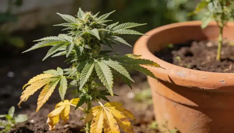 Planta de cannabis en maceta con hojas bajas amarillentas, identificar la clorosis foliar en el cannabis asociada a deficiencia de nitrógeno o problemas de absorción.