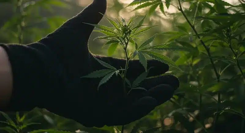 Planta joven de cannabis bajo luz natural, caso analizado en esta guía para principiantes sobre decoloración de hojas de cannabis causada por estrés ambiental, riego inadecuado o pH desequilibrado.