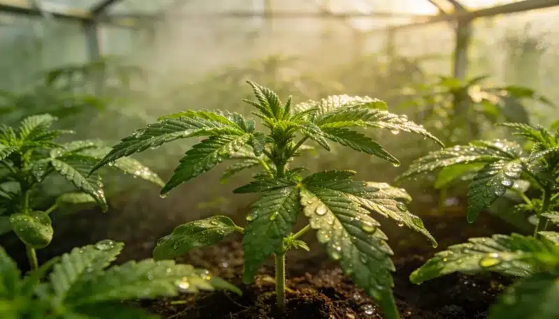 Planta joven de cannabis en entorno controlado, ejemplo de cómo escalar el clonaje de cannabis mediante laboratorios de cultivo in vitro para producir genéticas uniformes y libres de patógenos.