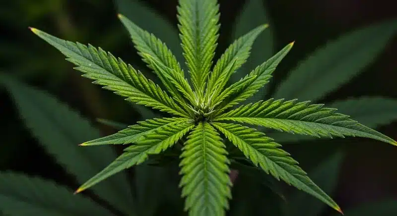 Síntomas de clorosis en plantas de marihuana en hojas verdes.