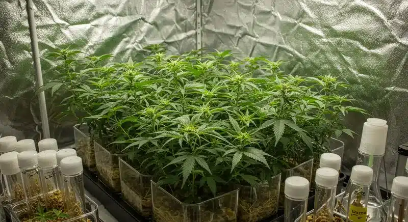 Plantas jóvenes cultivadas en entorno controlado, ideales como base para trabajar con semillas de cannabis para propagación por cultivo in vitro y obtener material vegetal uniforme y libre de patógenos.
