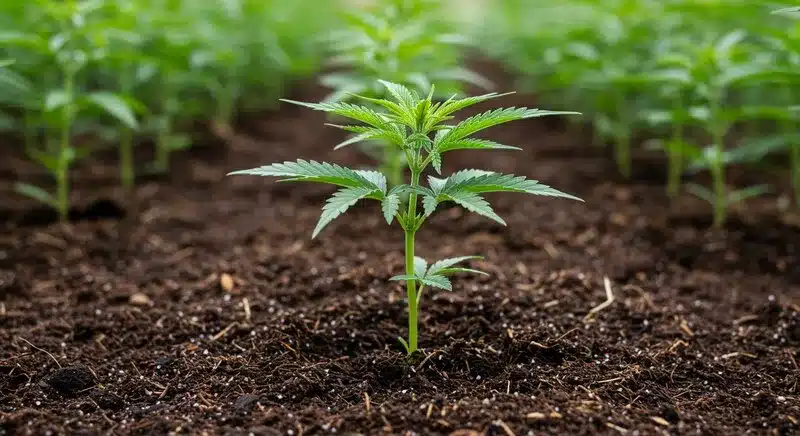 Plantas jóvenes de cannabis en crecimiento uniforme, ejemplo práctico para la comparación entre clonación aeropónica y cultivo in vitro en cannabis según estabilidad y escalabilidad.