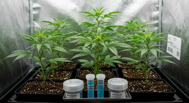 Kits de inicio para cultivo in vitro de marihuana en fase de aclimatación.