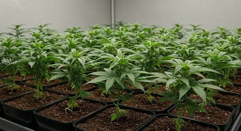 Plantas jóvenes uniformes en sala de cultivo, representando variedades de cannabis que responden bien al cultivo in vitro gracias a su homogeneidad, sanidad vegetal y alto rendimiento.