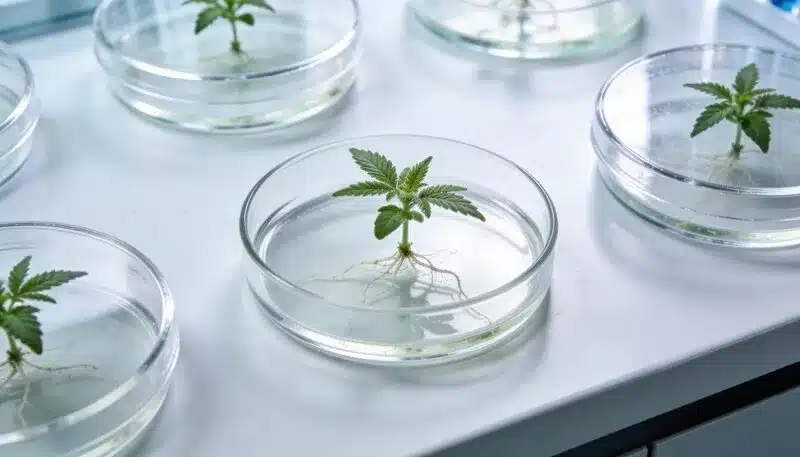 Plántula desarrollando raíces en placa de Petri, ejemplo práctico para entender si se pueden clonar semillas feminizadas de cannabis mediante cultivo in vitro y mantener estabilidad genética.