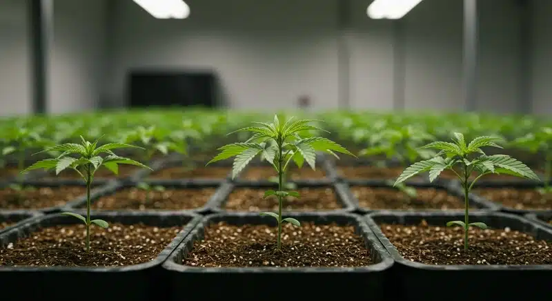 Plántulas de CBD Tutti Frutti (1:15) creciendo en bandejas de cultivo interior bajo condiciones controladas.