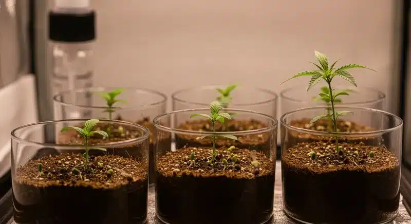 Plántulas de de cannabis que responden bien al cultivo in vitro en fase inicial.