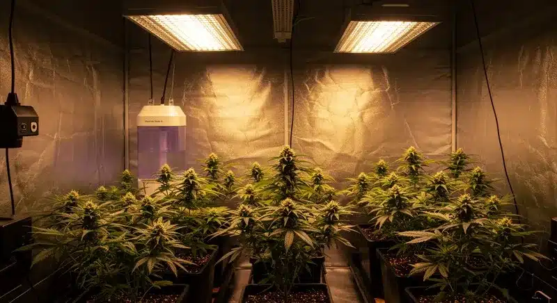 Sala de cultivo con plantas uniformes, resultado del cultivo in vitro de meristemos de cannabis para eliminar virus y asegurar estabilidad genética y fitosanitaria.