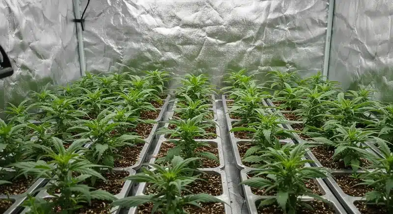 Sala con plantas homogéneas y crecimiento uniforme, ejemplo práctico de si aumenta el cultivo in vitro el rendimiento del cannabis al mejorar estabilidad genética y eficiencia productiva.