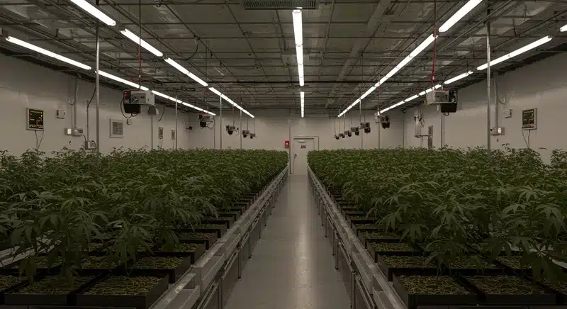 Instalación profesional de cultivo indoor de Cherry Ak Auto con largas filas de plantas en macetas, iluminación artificial y control ambiental para maximizar producción y calidad.