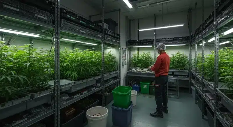 Sala de cultivo con plantas uniformes derivadas de micropropagación, propagar genéticas raras de cannabis mediante cultivo in vitro y escalar su producción de forma controlada.