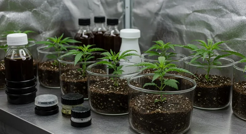 Sistema de propagación con múltiples plántulas en entorno controlado, representando soluciones avanzadas de clonación para cultivadores comerciales de cannabis enfocadas en homogeneidad y sanidad vegetal.