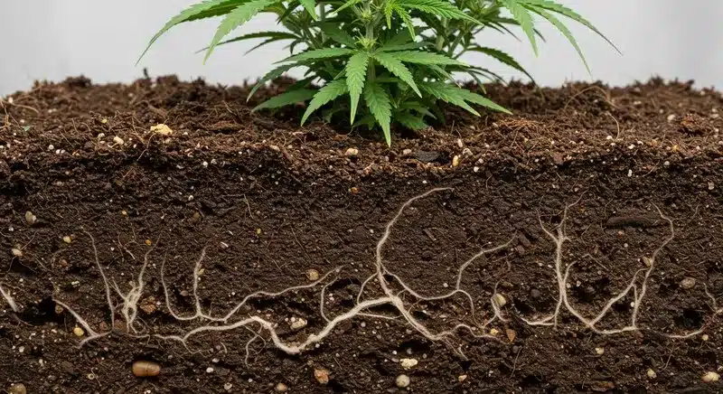 Sistema radicular de una planta de cannabis Afghan x Haze, con raíces bien distribuidas y sustrato aireado, clave para una absorción eficiente de agua y nutrientes.