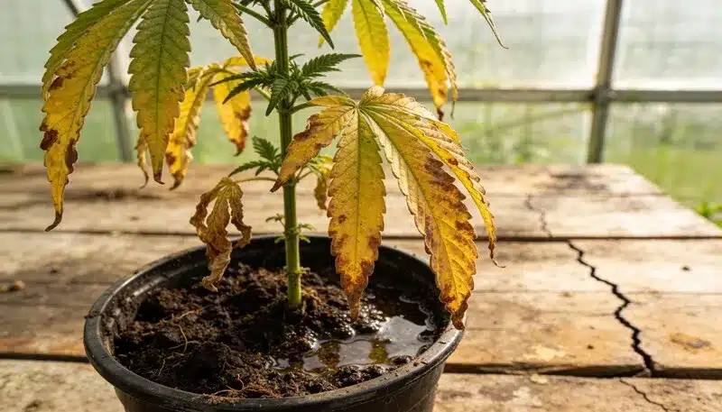 Causas comunes de hojas amarillas en el cannabis en floración.