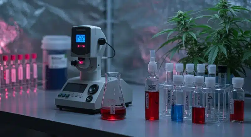 Análisis de soluciones en laboratorio con equipos de medición, destacando las ventajas de usar refractómetros en el cultivo de cannabis para optimizar nutrientes y mejorar el rendimiento.