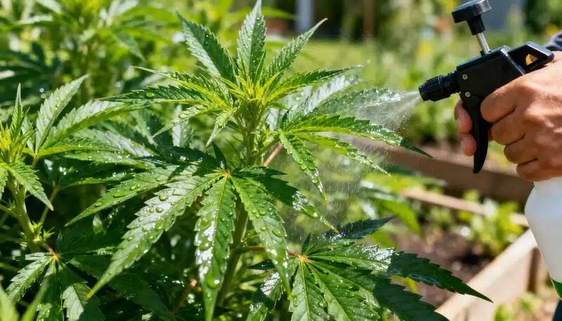 Aplicación de riego foliar en planta de cannabis con hojas verdes y sanas, para evitar clorosis y mantener una correcta hidratación y absorción de nutrientes.