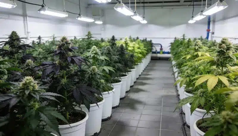 Sala de cultivo interior con Blueberry CBD (1:1) en macetas, crecimiento uniforme y flores resinosas. Genética 1:1 ideal para producciones estables y perfil aromático dulce.
