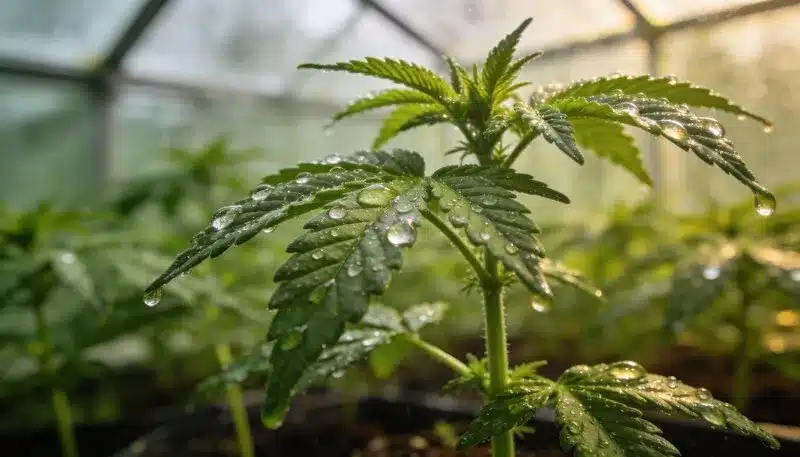 Planta joven de CBD Diesel (1:1) en invernadero con hojas verdes. Variedad 1:1 equilibrada, ideal para cultivos controlados y producción estable de CBD.